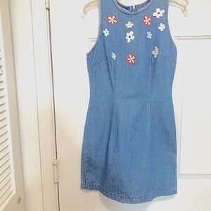 Denim Silhouette  Sleeveless Dress with Daisy Flower Appliqué